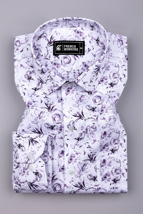 Lavender Purple With White Digital Floral Printed Cotton Shirt