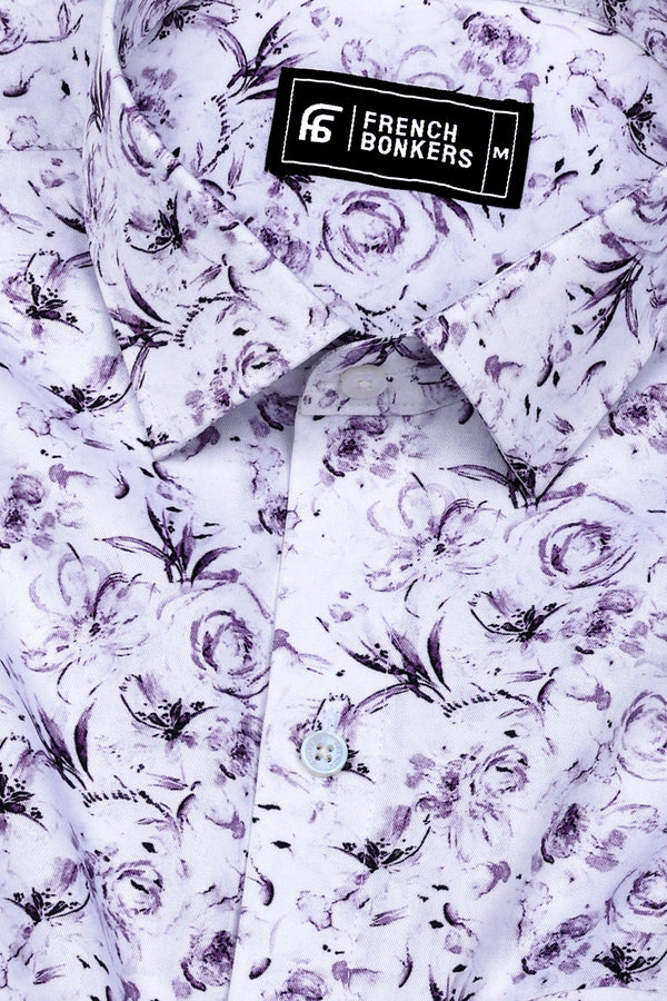 Lavender Purple With White Digital Floral Printed Cotton Shirt