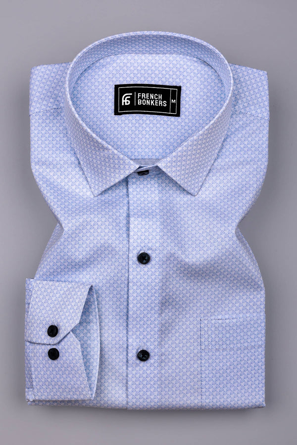 Cloud Blue With White Printed Formal Cotton Shirt