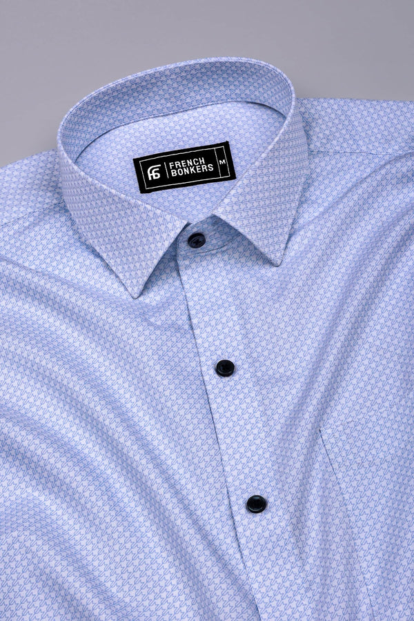 Cloud Blue With White Printed Formal Cotton Shirt