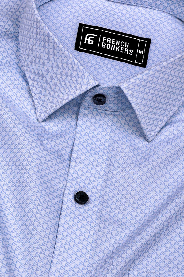 Cloud Blue With White Printed Formal Cotton Shirt