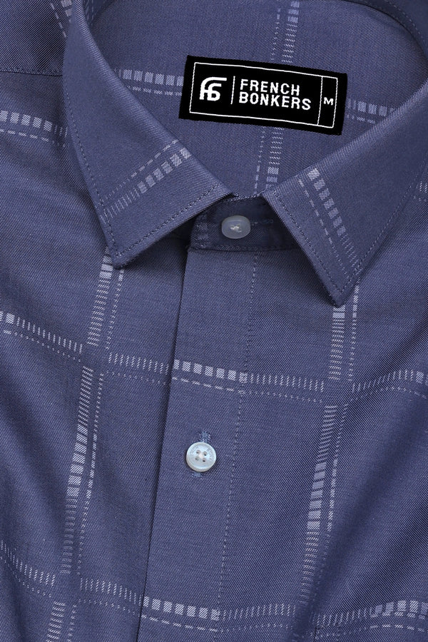 Ash Blue With White Jacquard Check Cotton Shirt