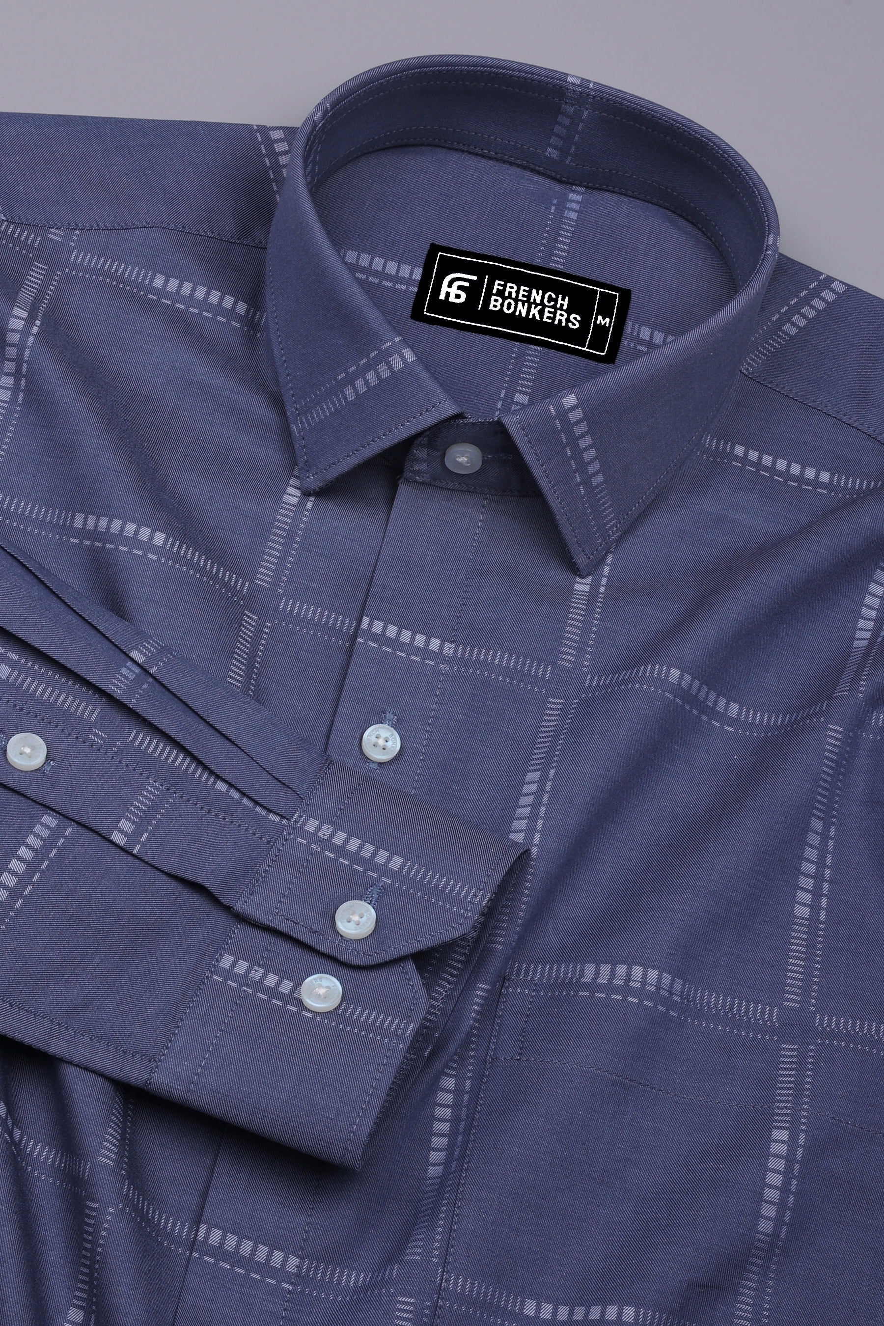 Ash Blue With White Jacquard Check Cotton Shirt