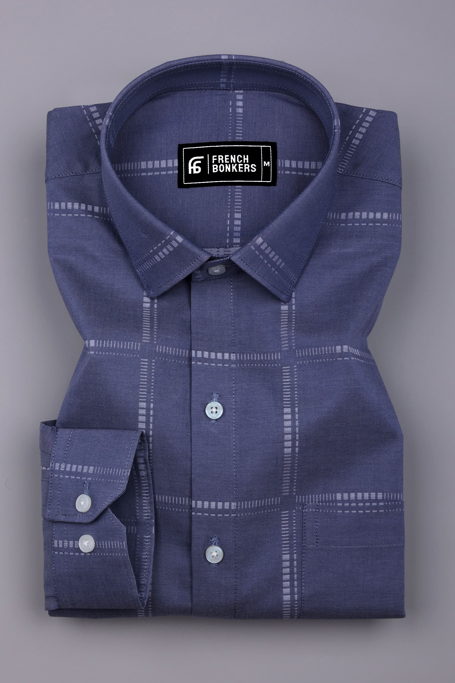 Ash Blue With White Jacquard Check Cotton Shirt