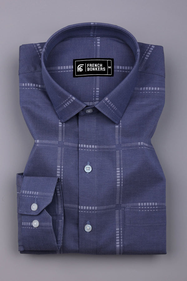 Ash Blue With White Jacquard Check Cotton Shirt
