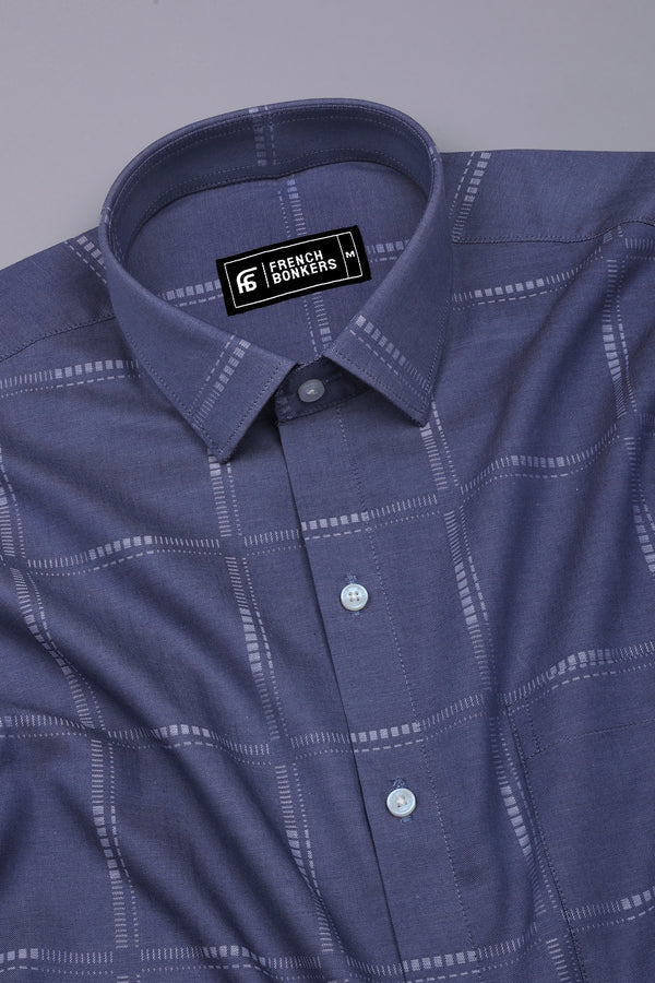 Ash Blue With White Jacquard Check Cotton Shirt