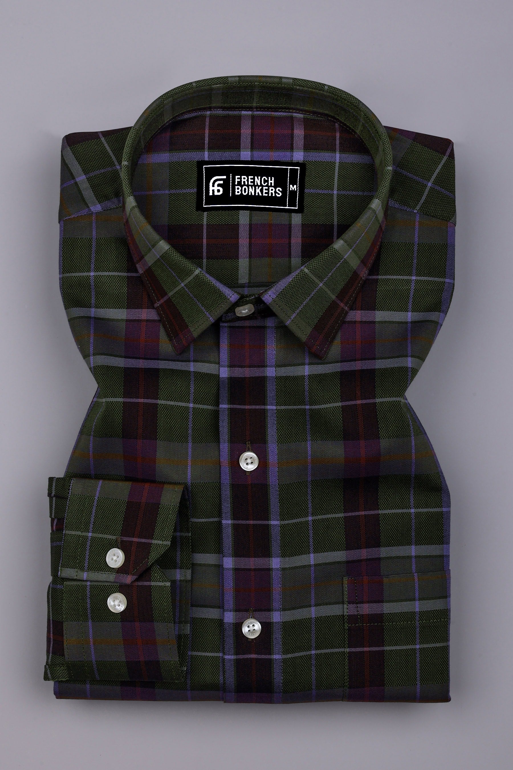 Moss Green With Purple Check Dobby Cotton Shirt