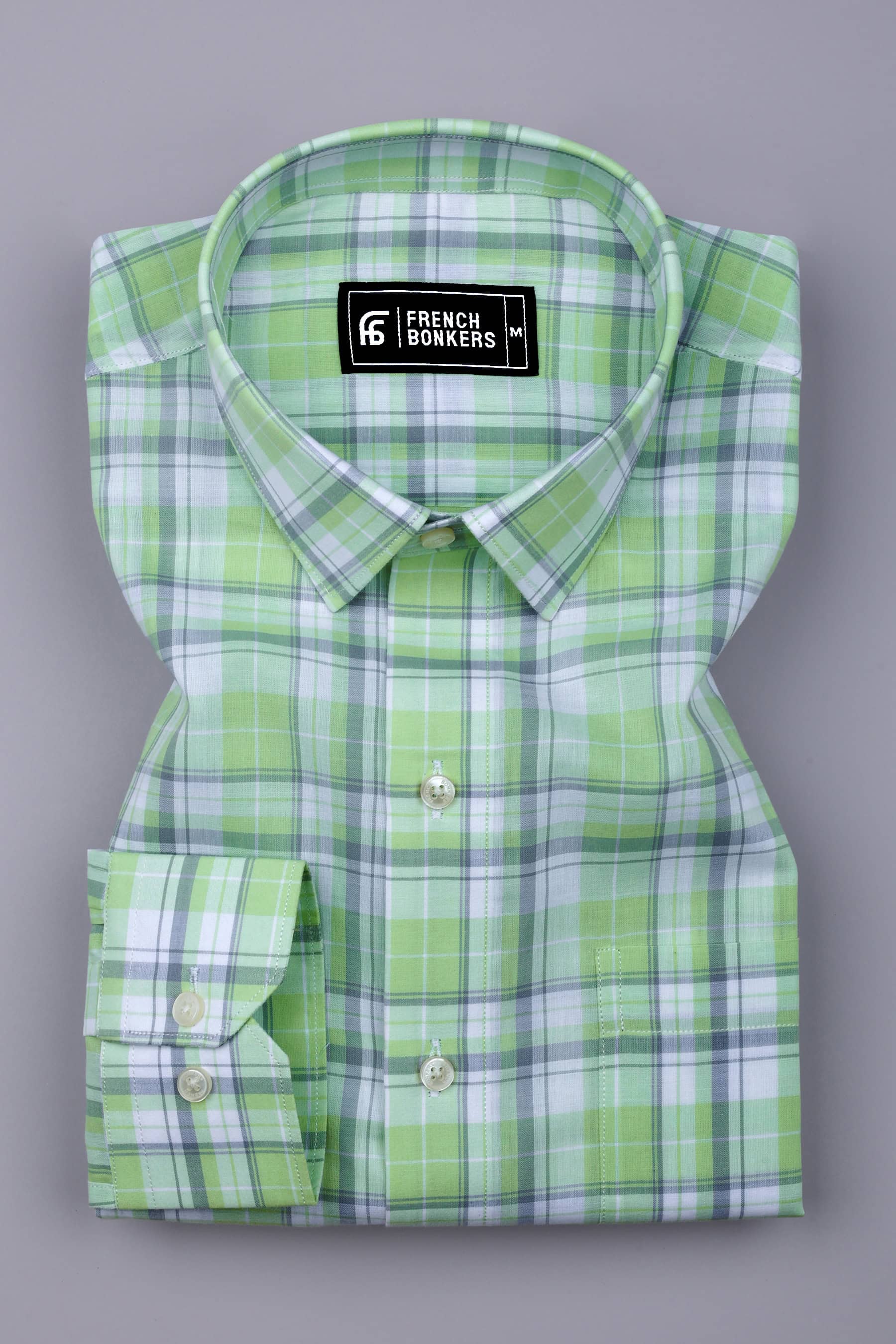 Leaf Green With Gray Check Cotton Shirt