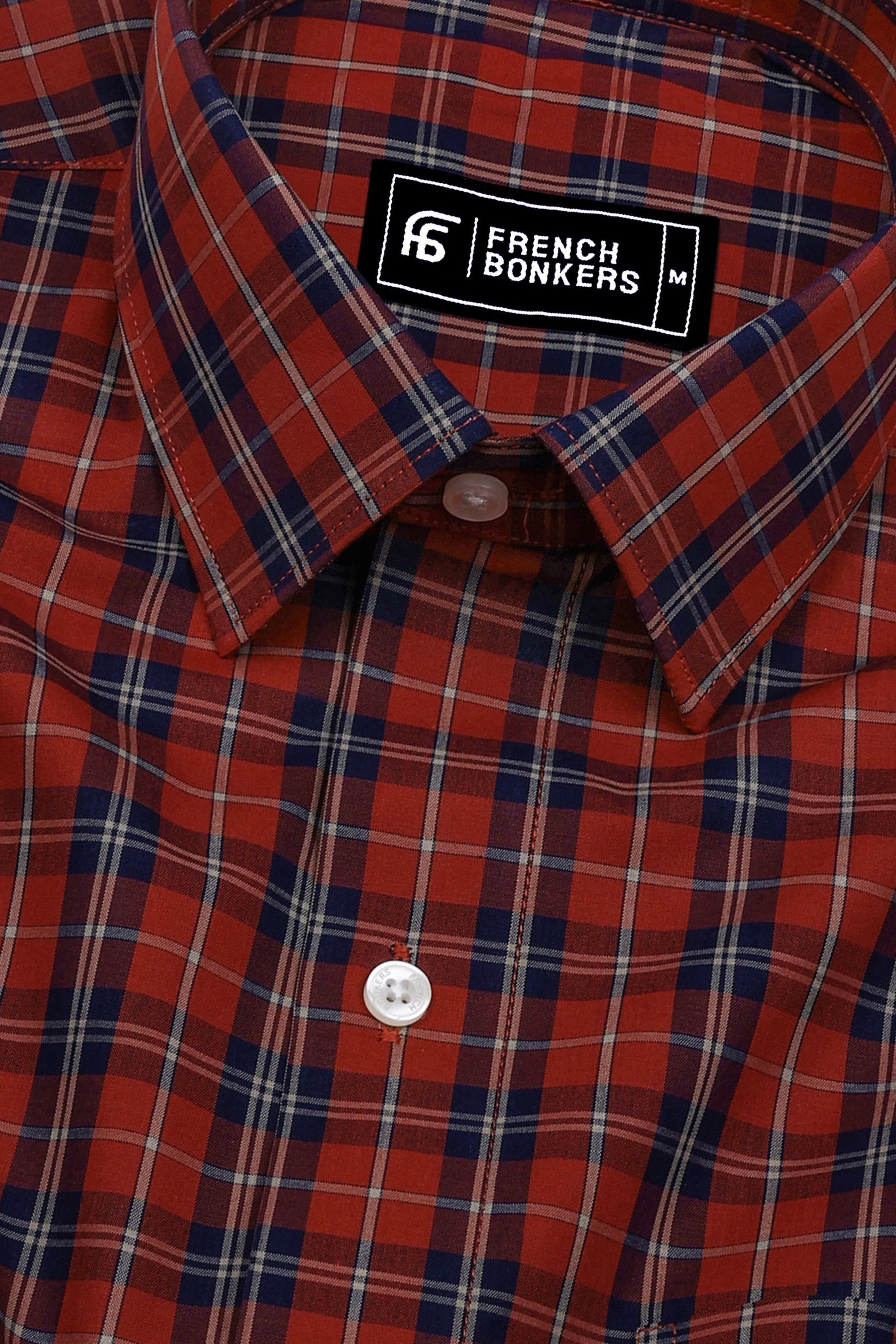 Brick Orange With Navyblue Check Cotton Shirt