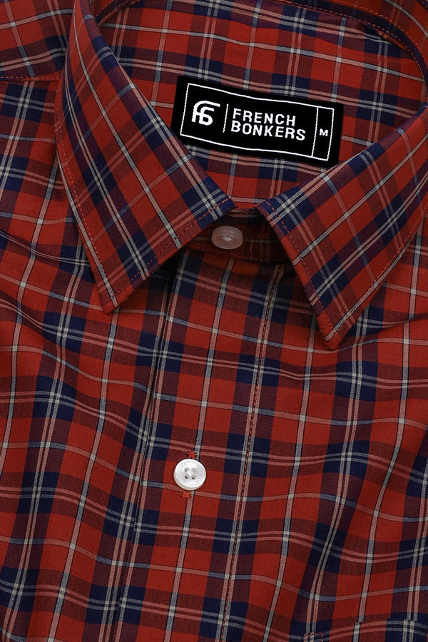 Brick Orange With Navyblue Check Cotton Shirt