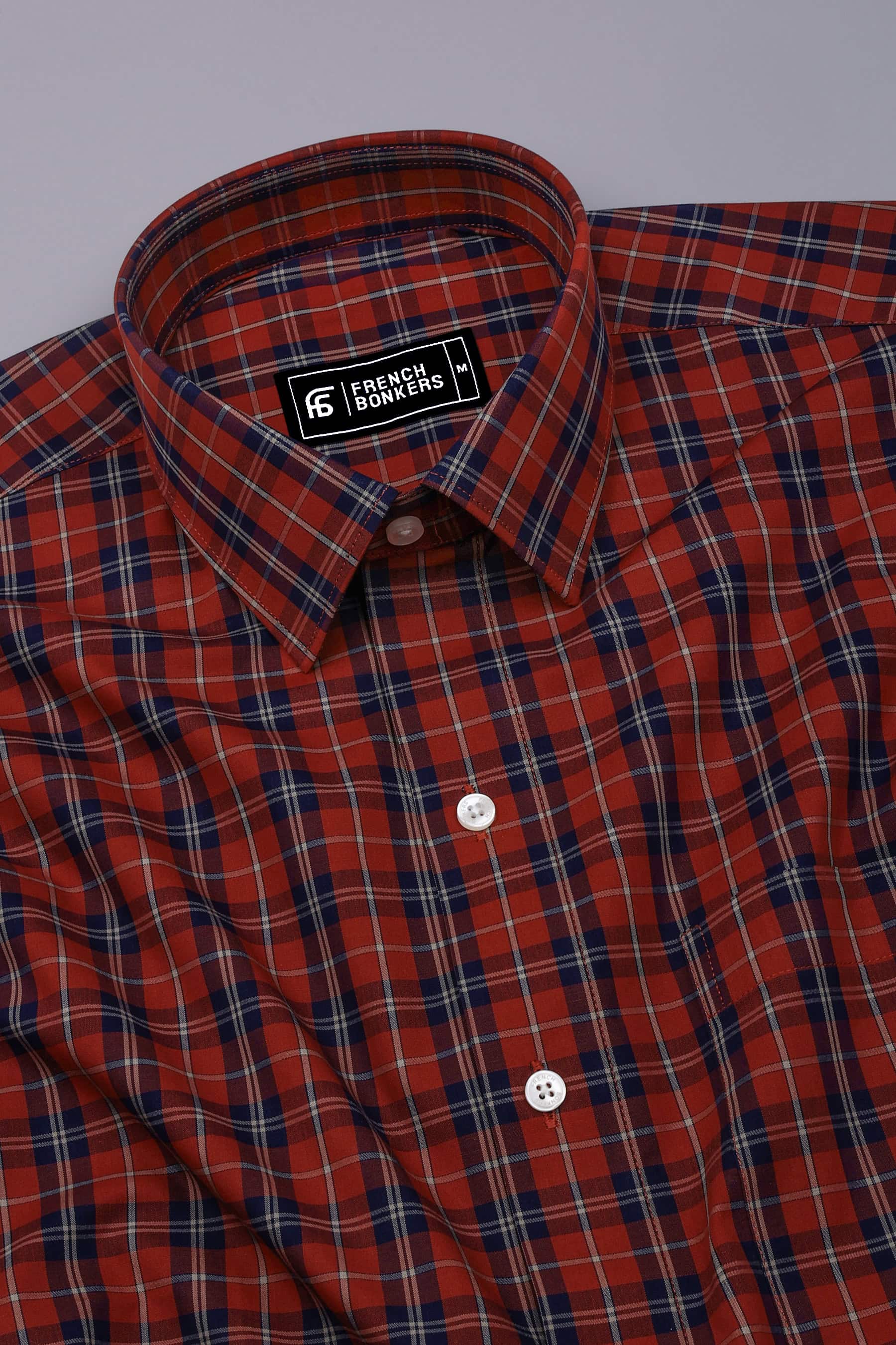 Brick Orange With Navyblue Check Cotton Shirt