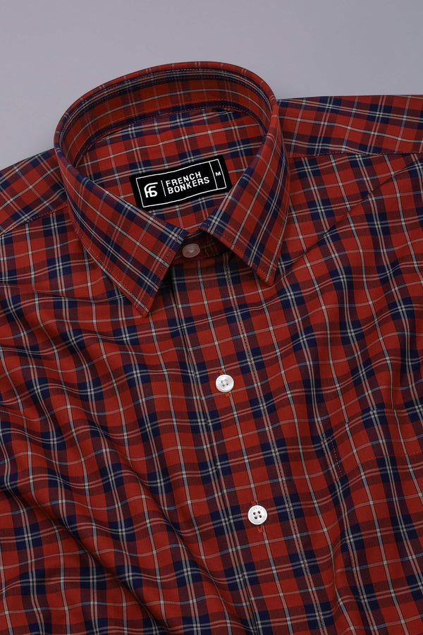 Brick Orange With Navyblue Check Cotton Shirt