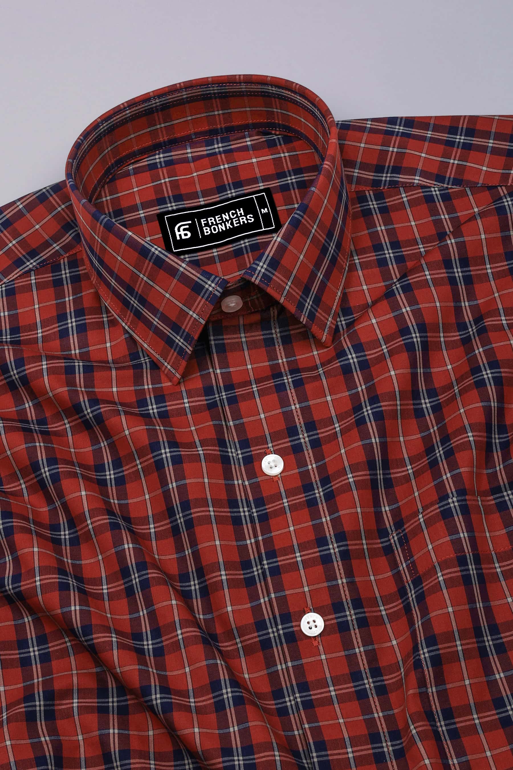 Brick Orange With Navyblue Check Cotton Shirt