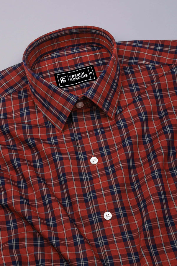 Brick Orange With Navyblue Check Cotton Shirt