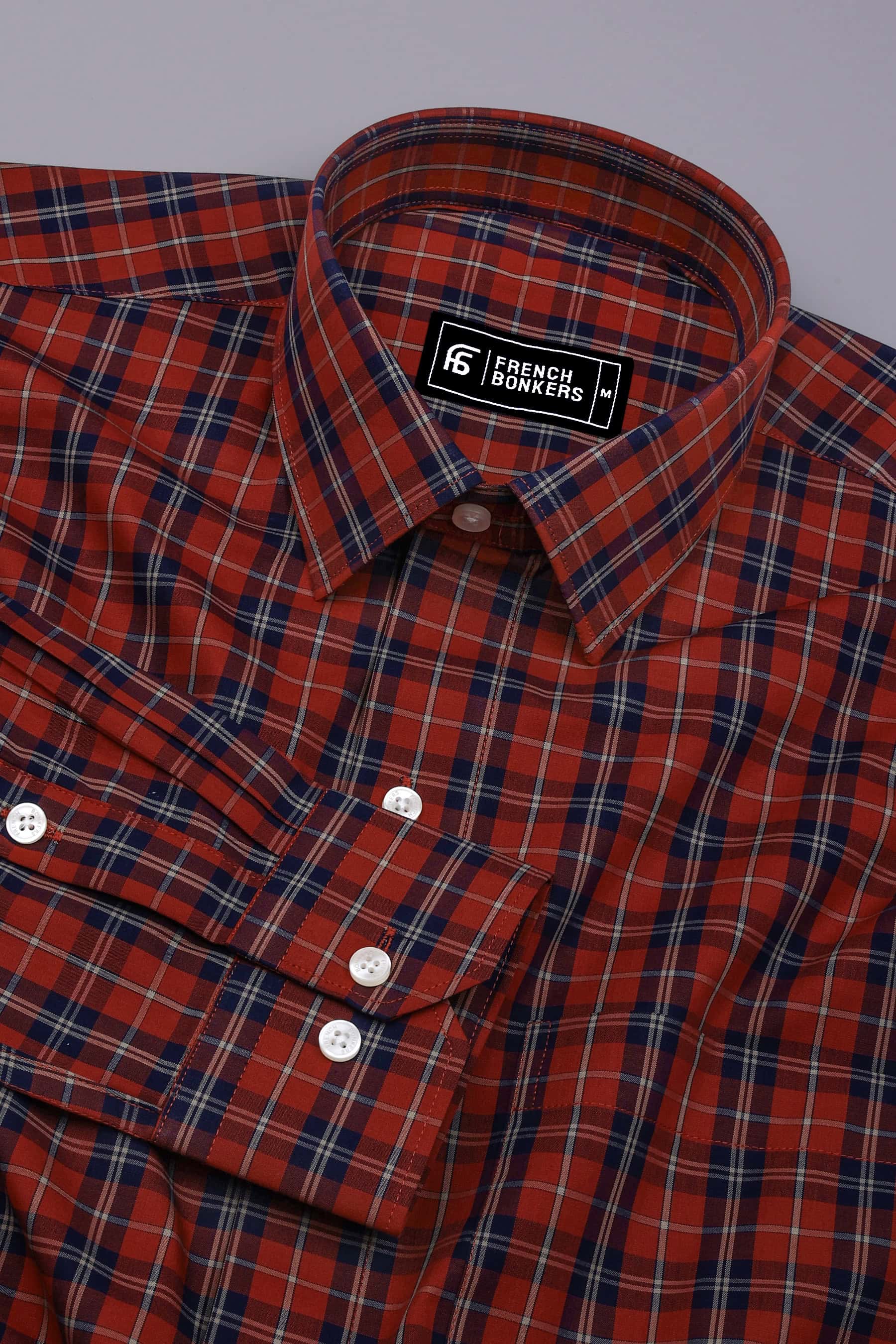 Brick Orange With Navyblue Check Cotton Shirt