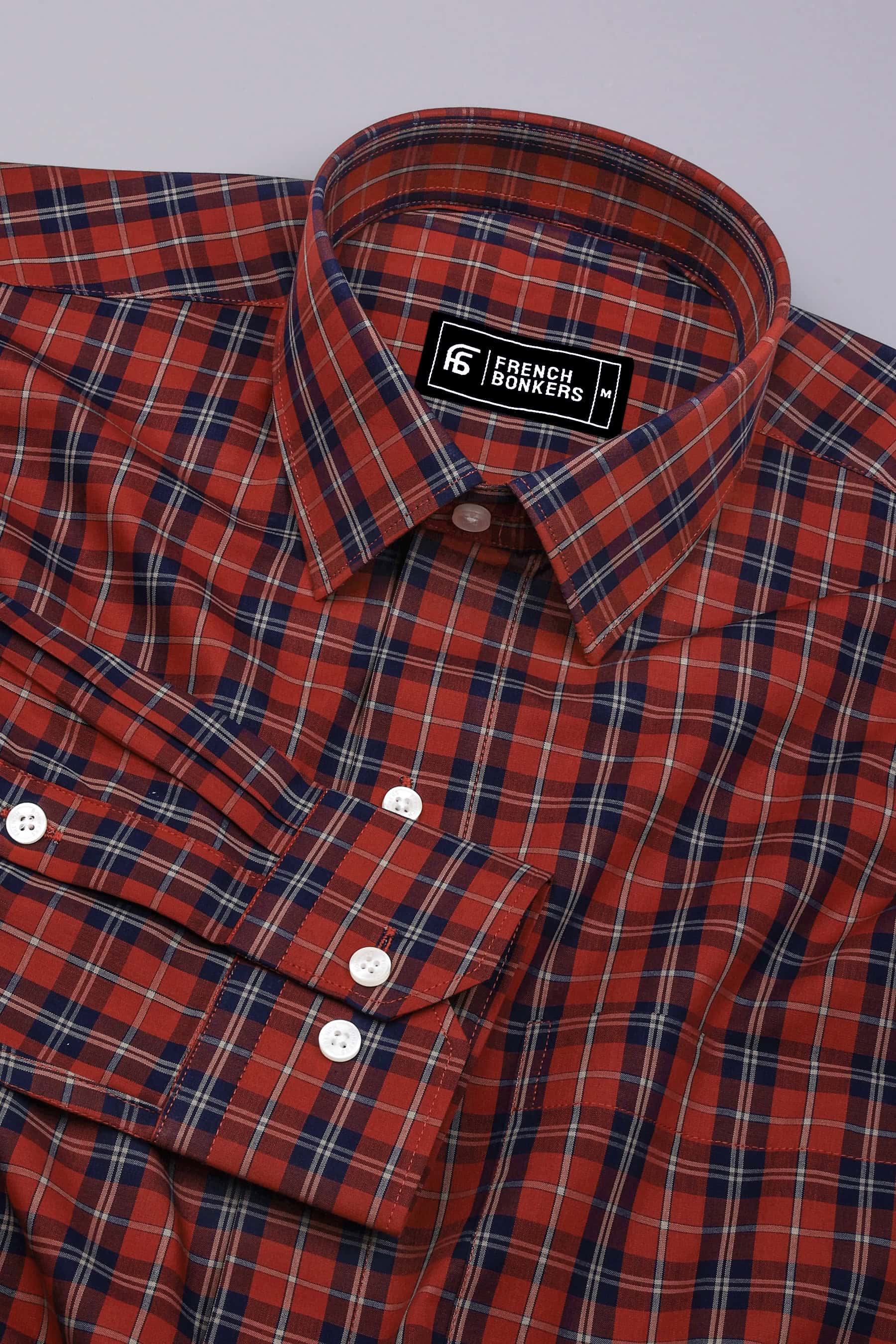 Brick Orange With Navyblue Check Cotton Shirt