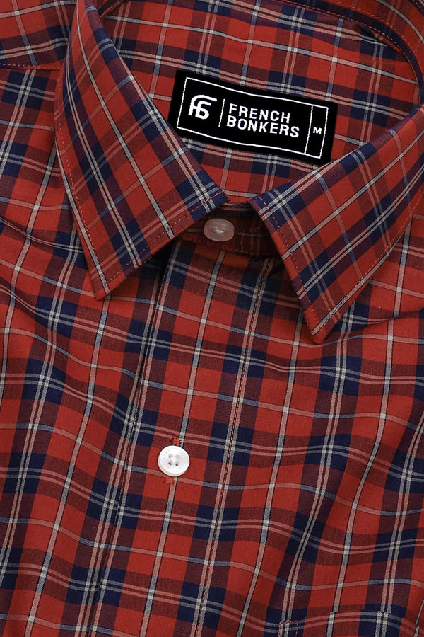 Brick Orange With Navyblue Check Cotton Shirt
