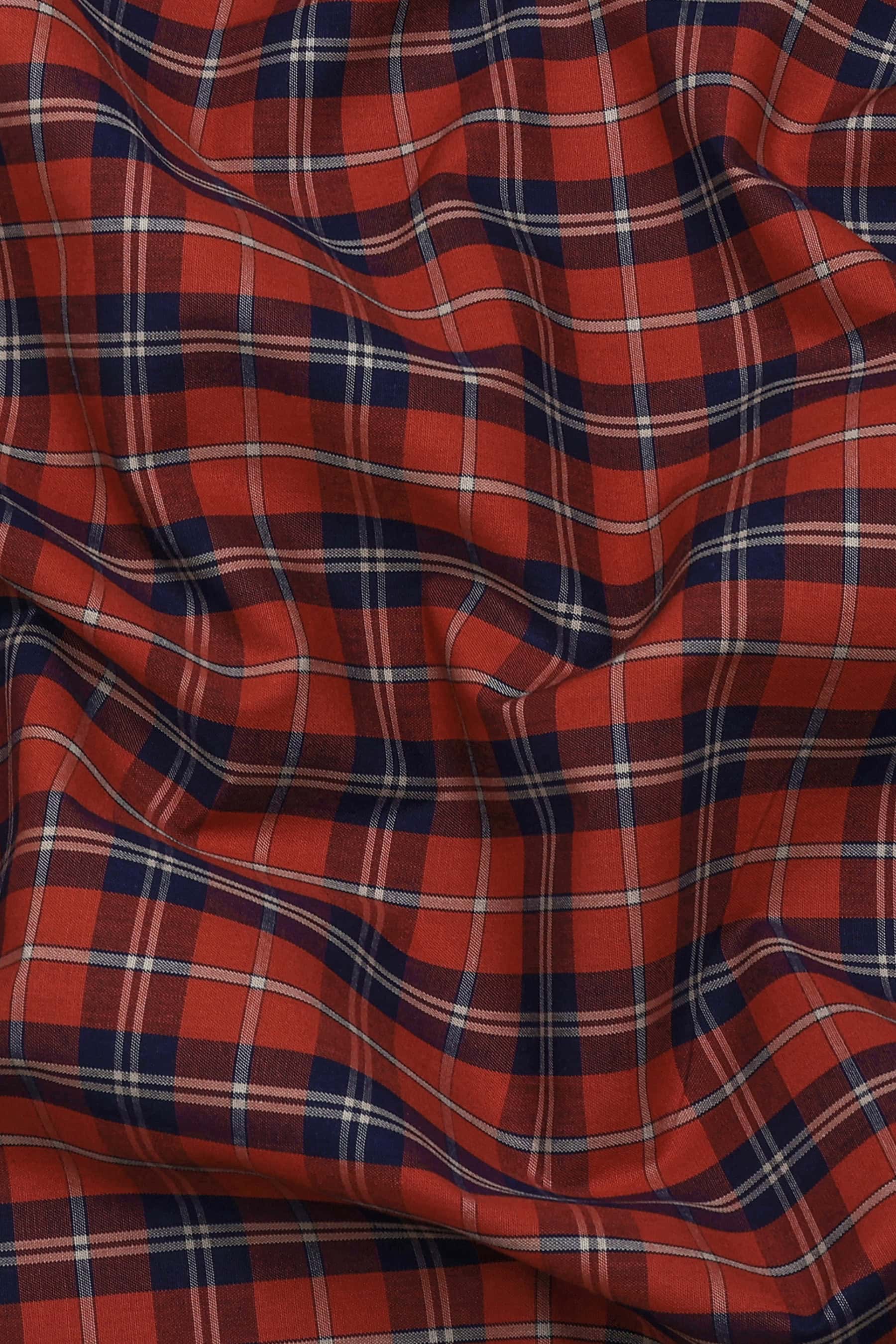 Brick Orange With Navyblue Check Cotton Shirt