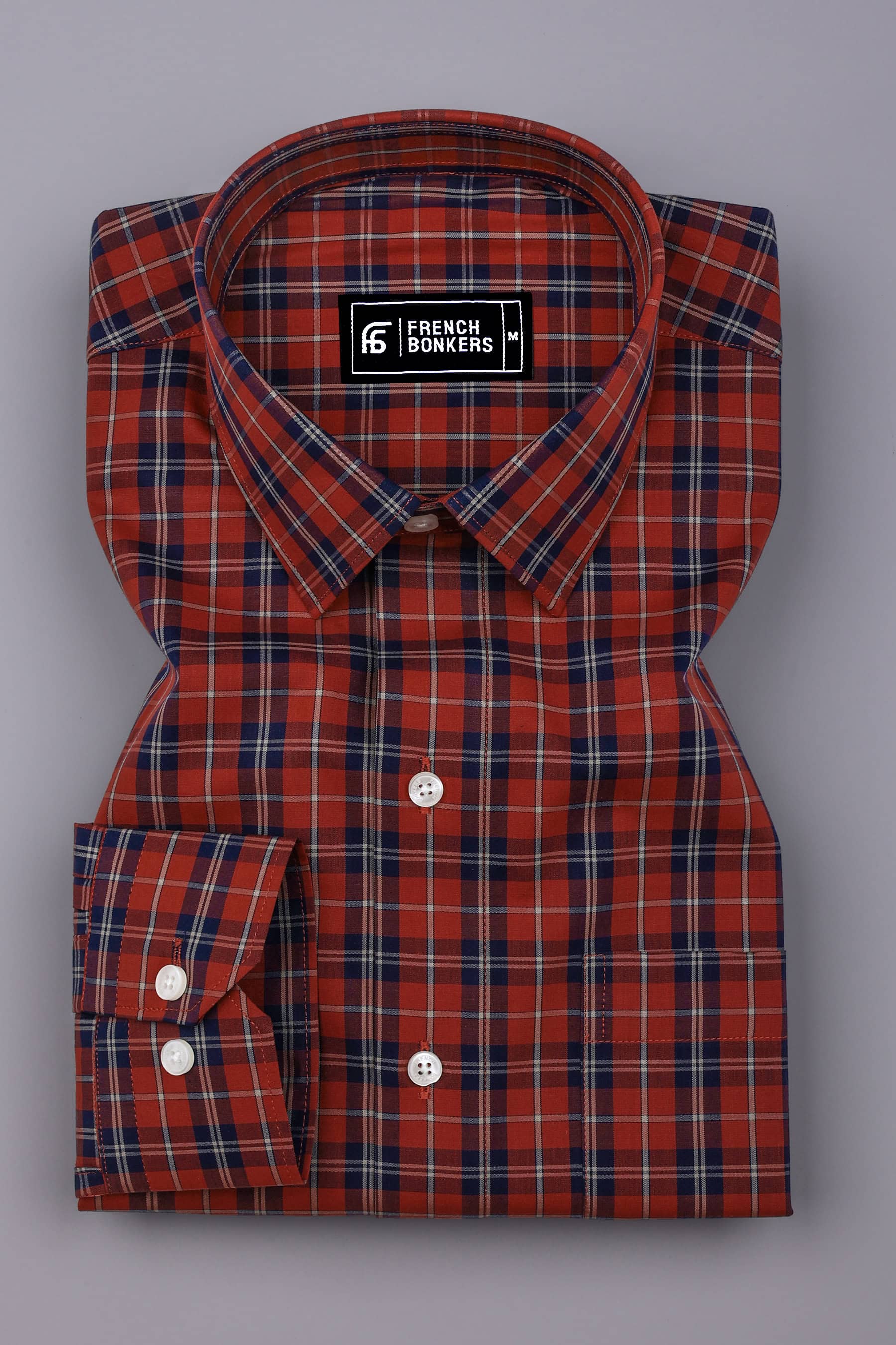 Brick Orange With Navyblue Check Cotton Shirt