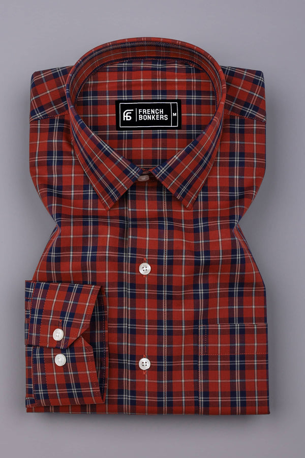 Brick Orange With Navyblue Check Cotton Shirt