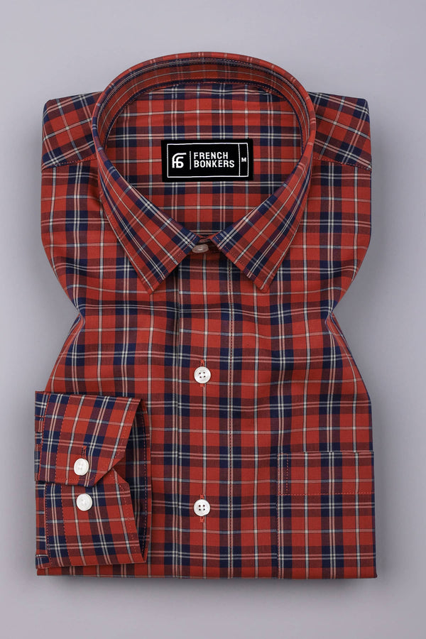 Brick Orange With Navyblue Check Cotton Shirt
