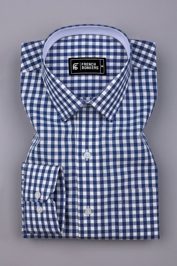 Pixel Blue With White Gingham Check Cotton Designer Shirt