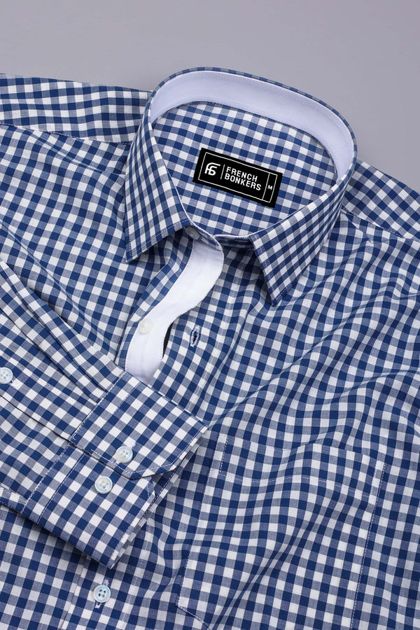 Pixel Blue With White Gingham Check Cotton Designer Shirt