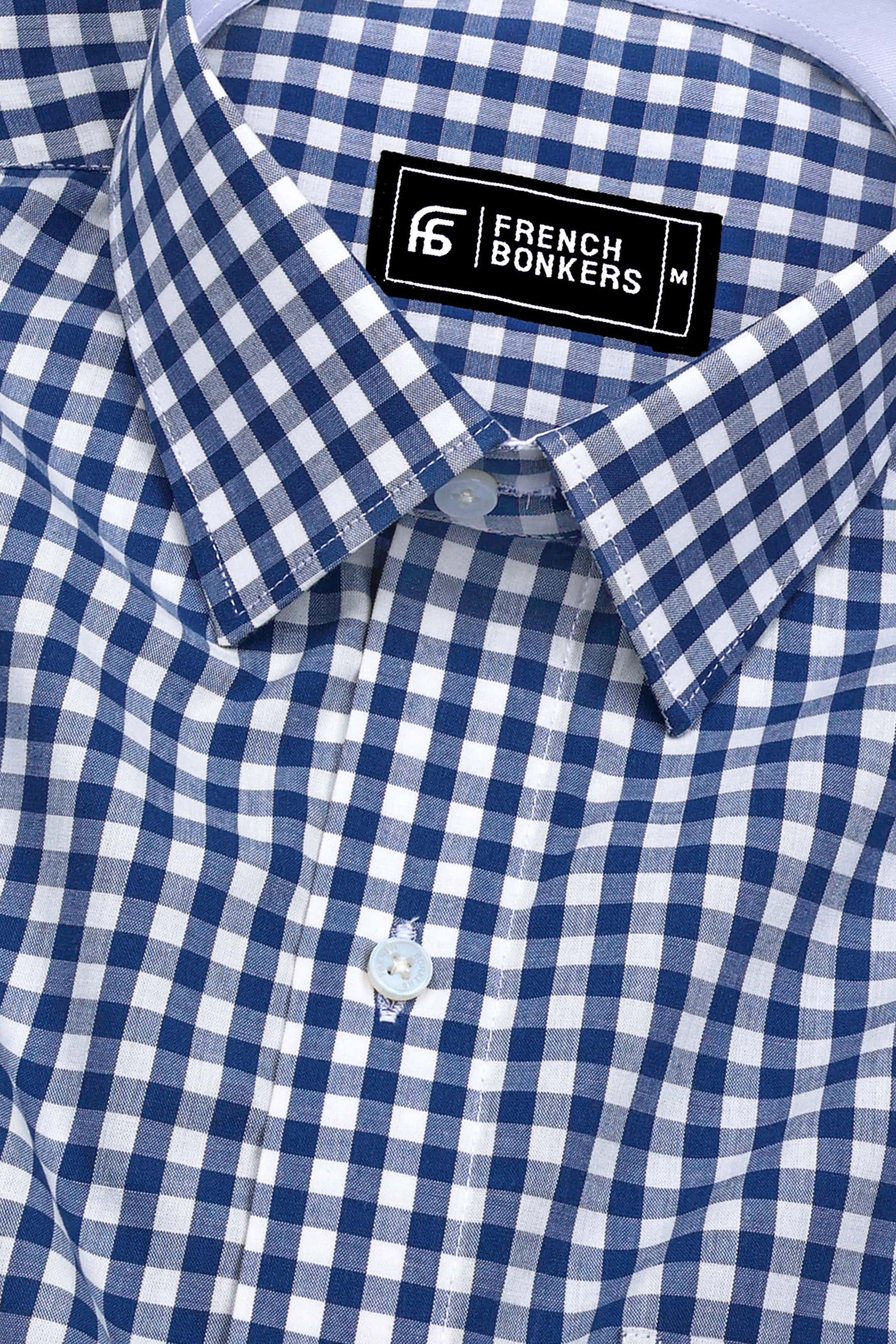 Pixel Blue With White Gingham Check Cotton Designer Shirt