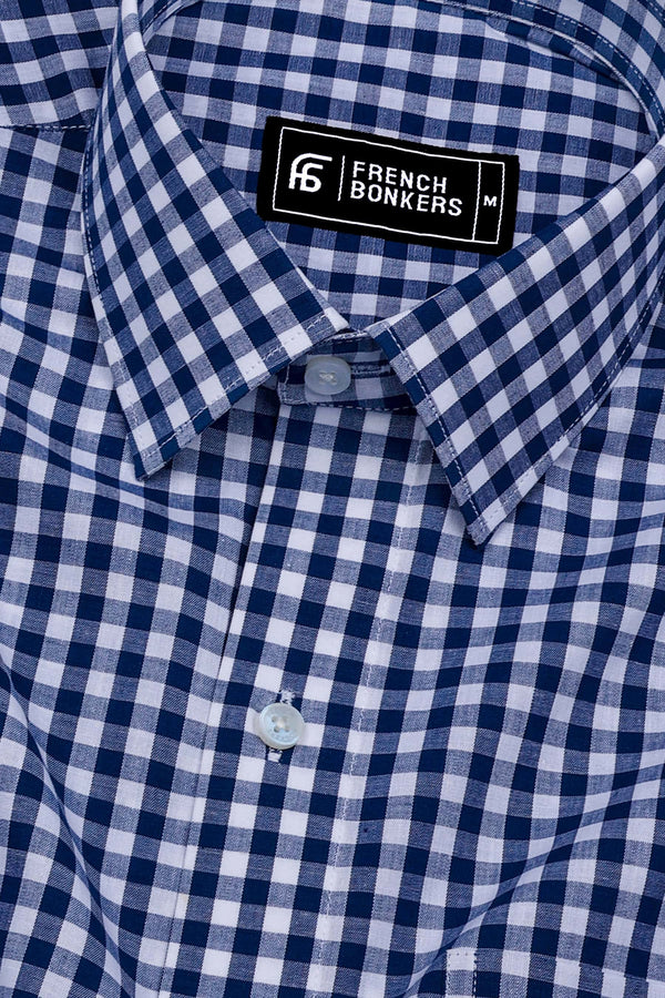Laos Navy Blue With White Gingham Check Cotton Shirt