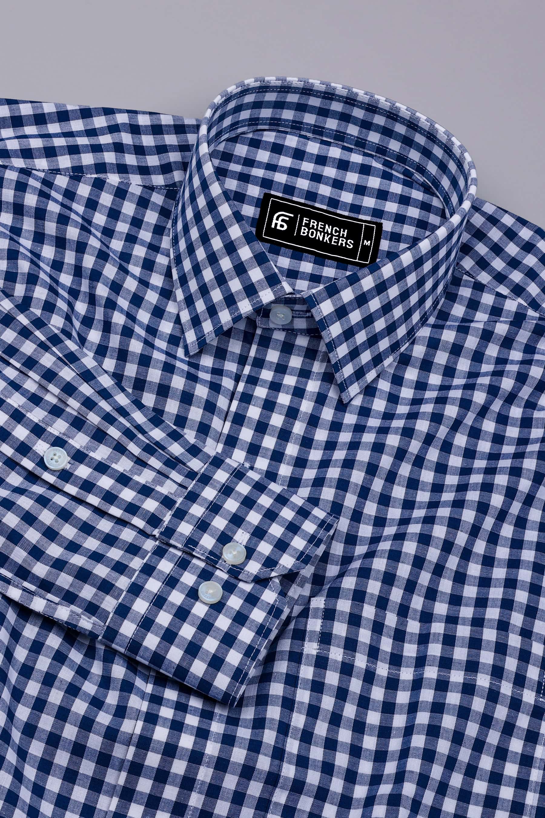 Laos Navy Blue With White Gingham Check Cotton Shirt