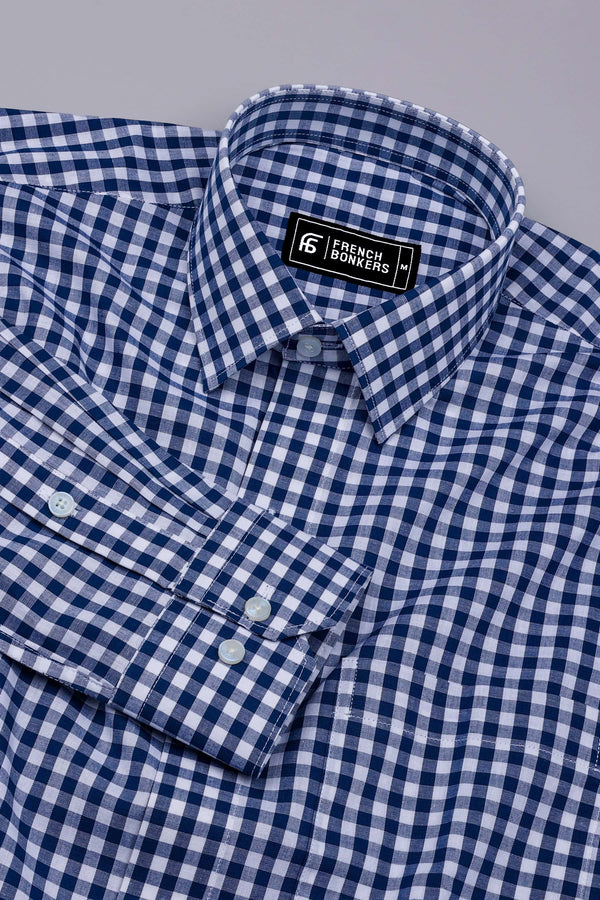 Laos Navy Blue With White Gingham Check Cotton Shirt