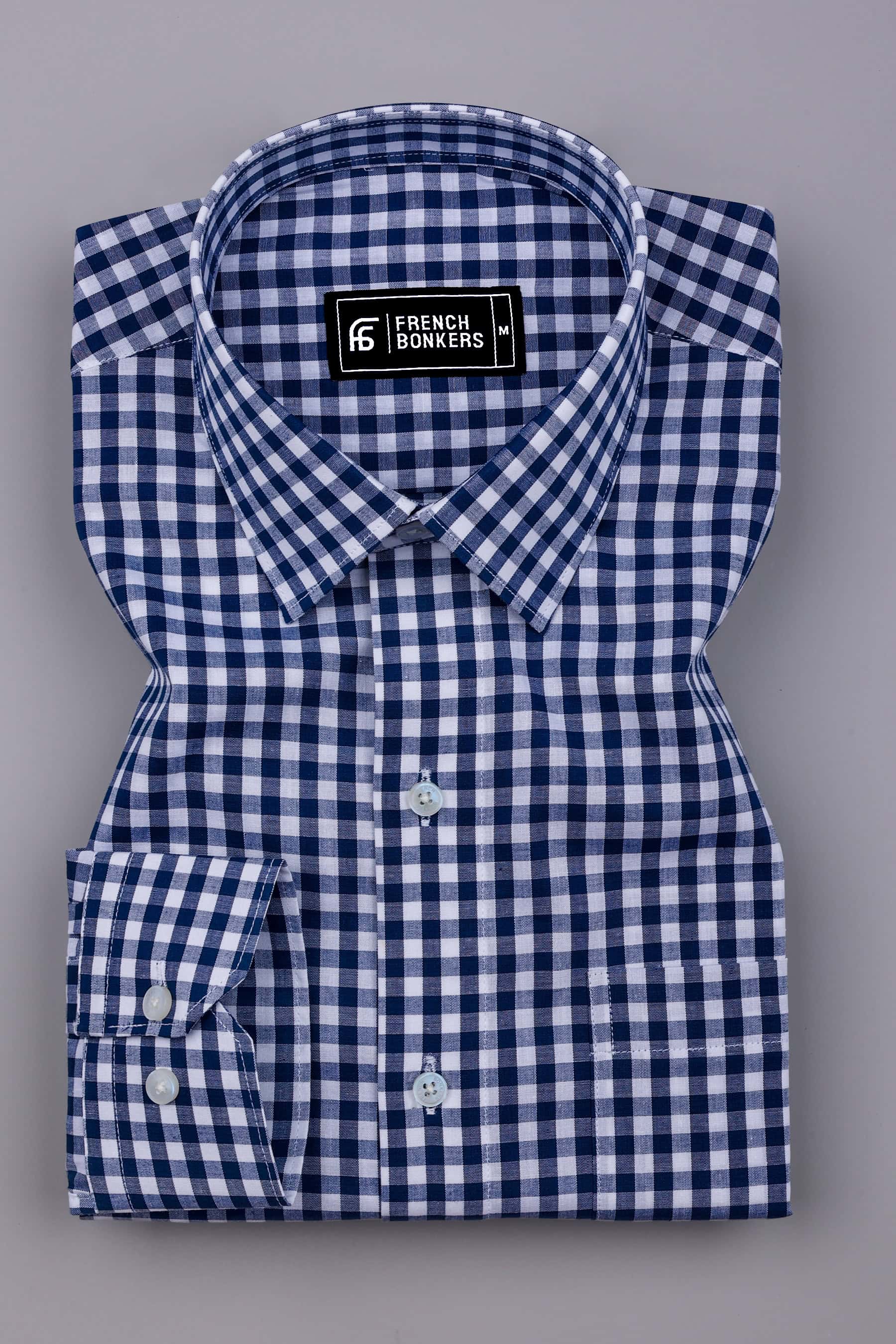 Laos Navy Blue With White Gingham Check Cotton Shirt