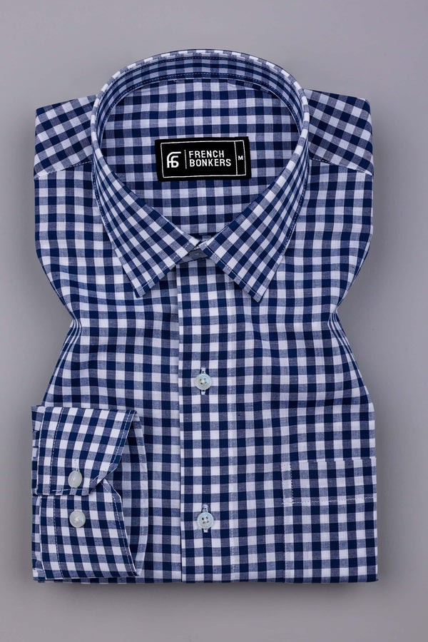 Laos Navy Blue With White Gingham Check Cotton Shirt