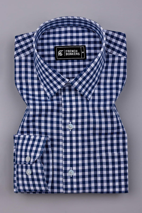 Laos Navy Blue With White Gingham Check Cotton Shirt