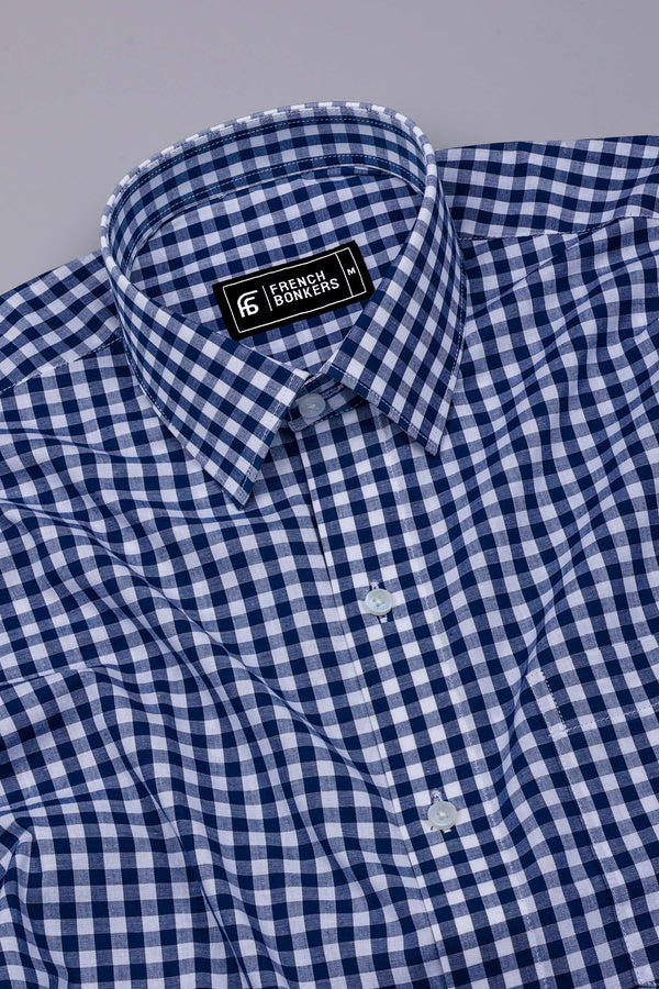 Laos Navy Blue With White Gingham Check Cotton Shirt
