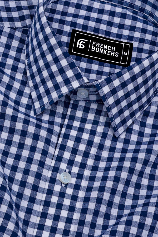 Laos Navy Blue With White Gingham Check Cotton Shirt