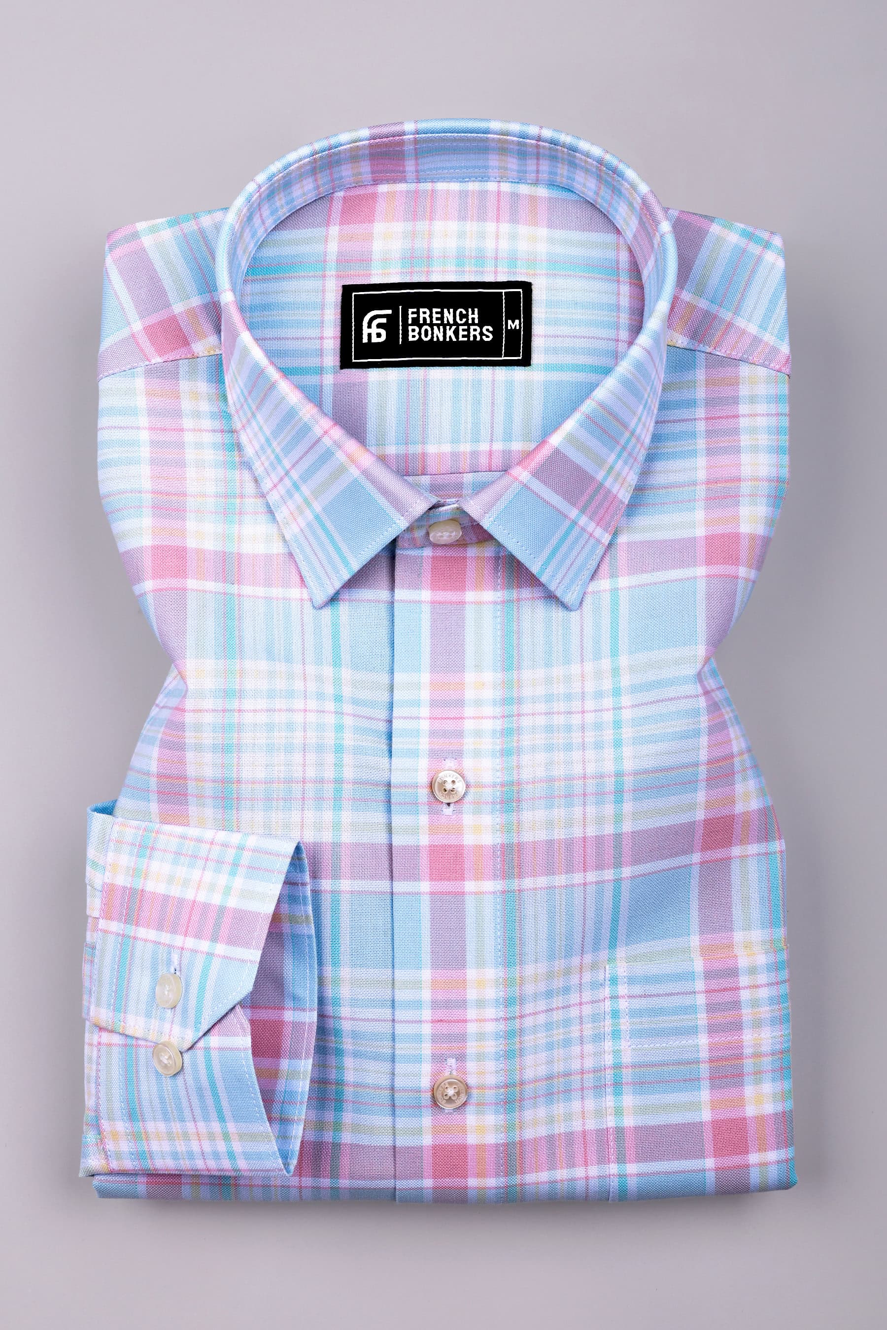 Cyan Green With Pink Check Oxford Cotton Shirt
