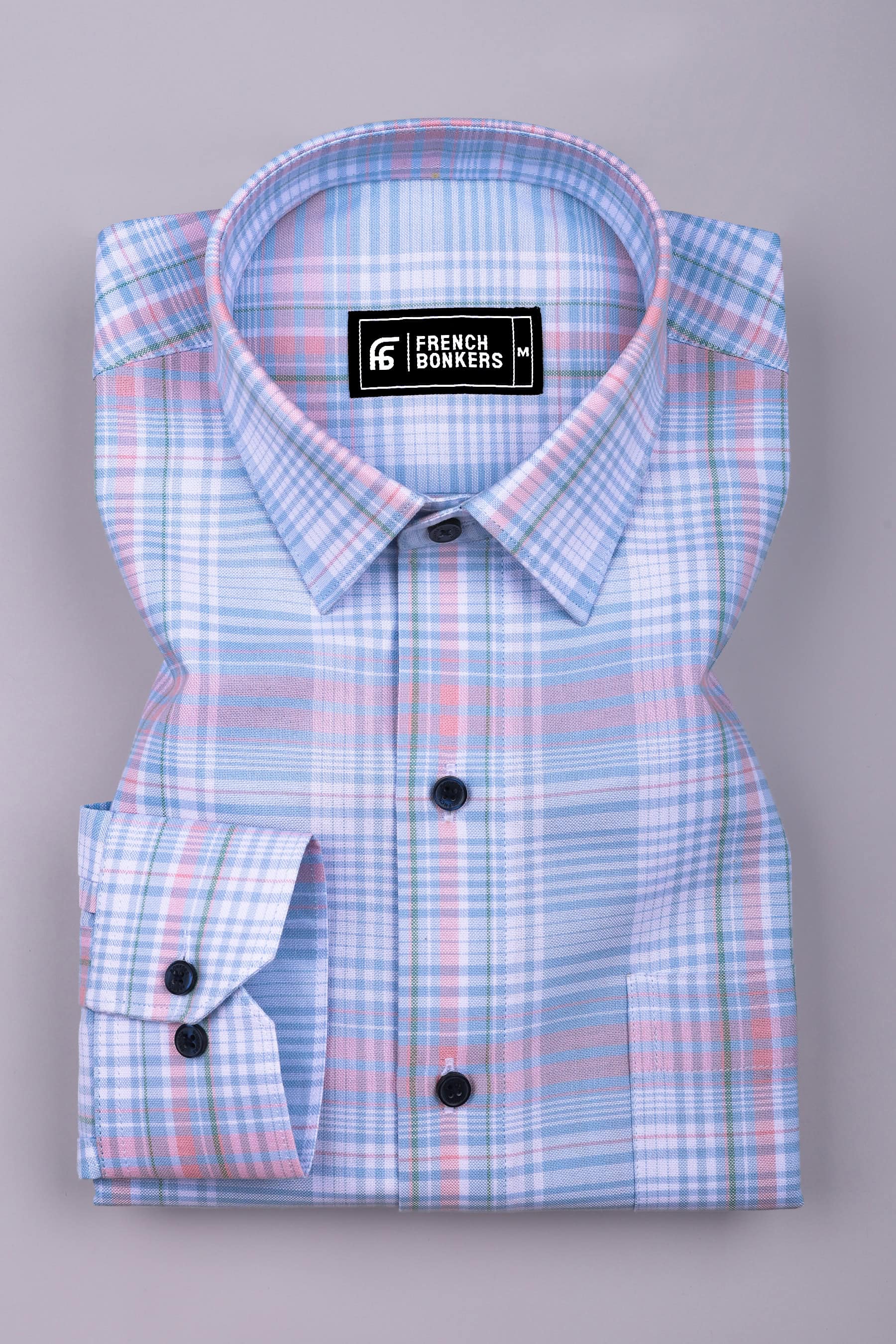 Luwan Blue With Pink Check Oxford Cotton Shirt